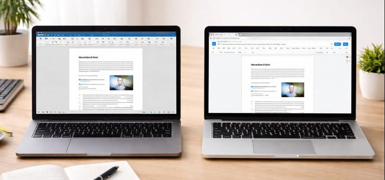 Vergleich von Microsoft Word und Google Docs auf zwei Laptops nebeneinander