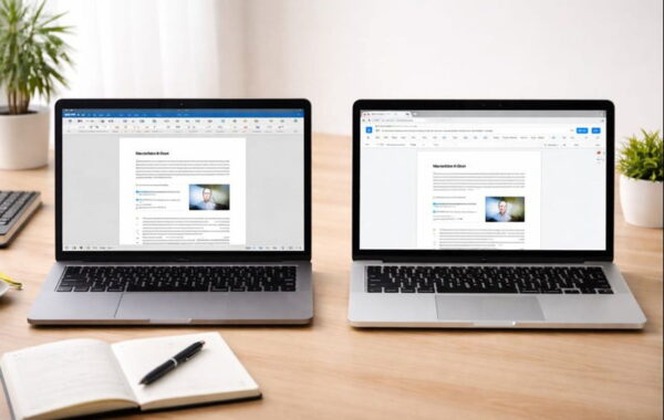 Vergleich von Microsoft Word und Google Docs auf zwei Laptops nebeneinander