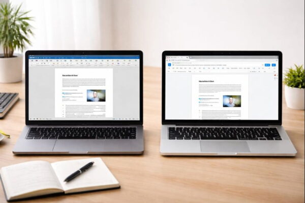 Word vs. Google Docs im direkten Vergleich Vergleich von Microsoft Word und Google Docs auf zwei Laptops nebeneinander
