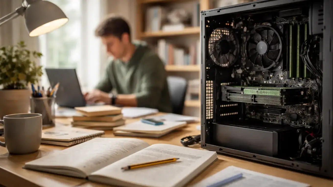Arbeitsspeicher im PC-Alltag: Geöffneter Computer mit sichtbaren RAM-Modulen am Arbeitsplatz
