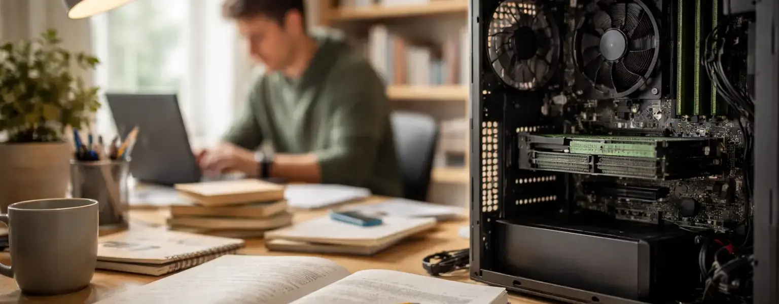 Arbeitsspeicher im PC-Alltag: Geöffneter Computer mit sichtbaren RAM-Modulen am Arbeitsplatz