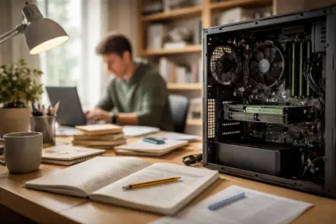 Arbeitsspeicher im PC-Alltag: Geöffneter Computer mit sichtbaren RAM-Modulen am Arbeitsplatz