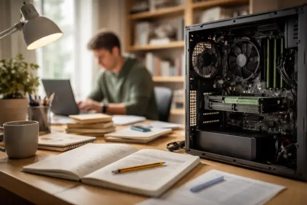 Arbeitsspeicher im PC-Alltag: Geöffneter Computer mit sichtbaren RAM-Modulen am Arbeitsplatz