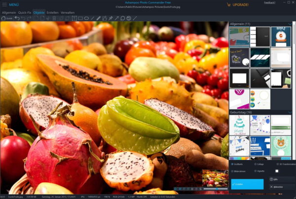 Auswahl an Design-Vorlagen für Grußkarten und Foto-Collagen in der Ashampoo Photo Commander FREE Benutzeroberfläche.