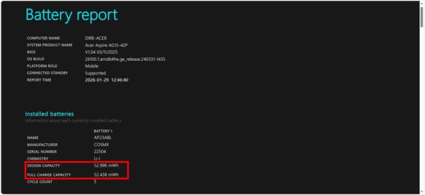 Analyse der Akkukapazität und Ladezyklen im Windows 11 Battery Report