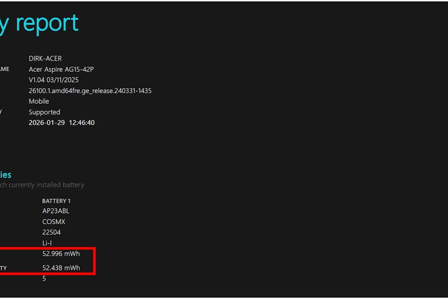 Analyse der Akkukapazität und Ladezyklen im Windows 11 Battery Report