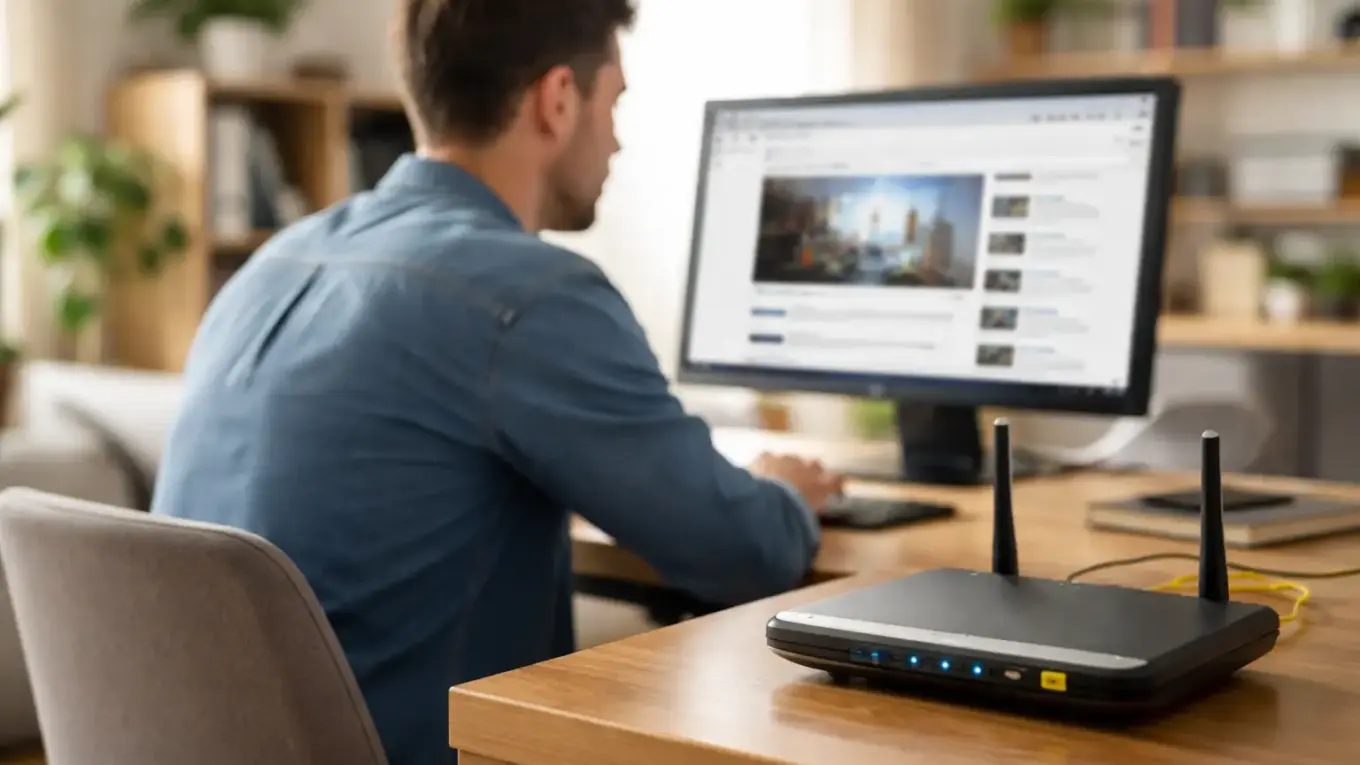 Breitbandinternet im Alltag: Router und PC-Arbeitsplatz mit aktiver Internetverbindung