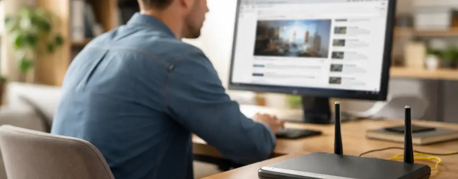 Breitbandinternet im Alltag: Router und PC-Arbeitsplatz mit aktiver Internetverbindung