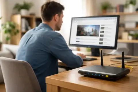 Breitbandinternet im Alltag: Router und PC-Arbeitsplatz mit aktiver Internetverbindung