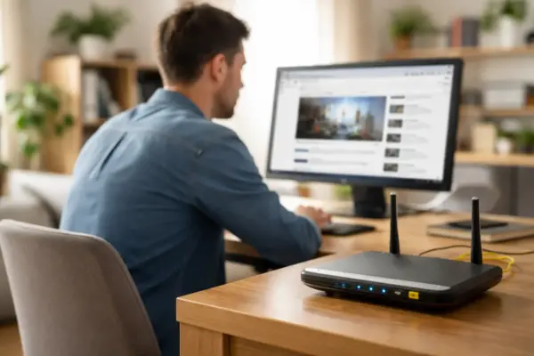 Breitbandinternet im Alltag: Router und PC-Arbeitsplatz mit aktiver Internetverbindung
