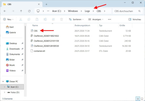 Speicherort der CBS.log im Windows-11-Explorer zur Analyse von SFC-Fehlern