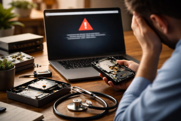 Geöffnete Festplatte und Fehlermeldung am Laptop als Hinweis auf Hardwareprobleme bei chkdsk