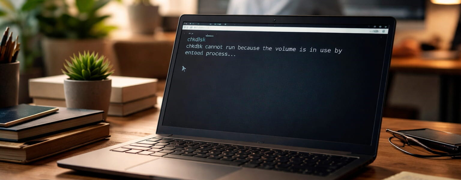 Laptop mit chkdsk-Fehlermeldung, weil das Volume von Windows verwendet wird