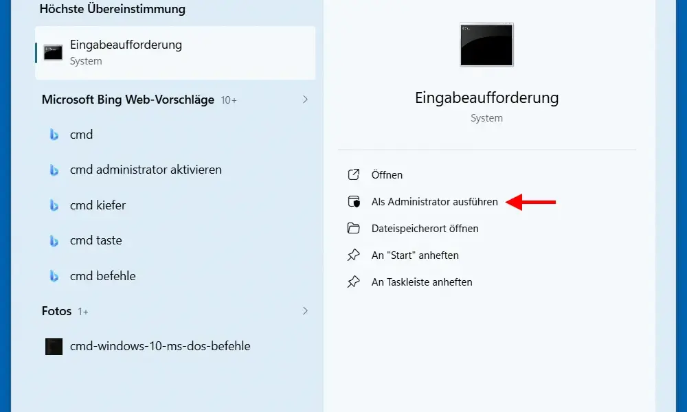 Eingabeaufforderung als Administrator öffnen über die Windows Suche.