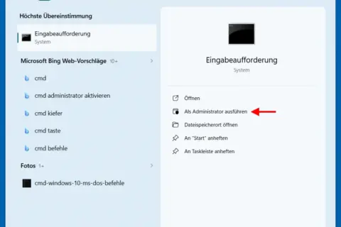 Eingabeaufforderung als Administrator öffnen über die Windows Suche.