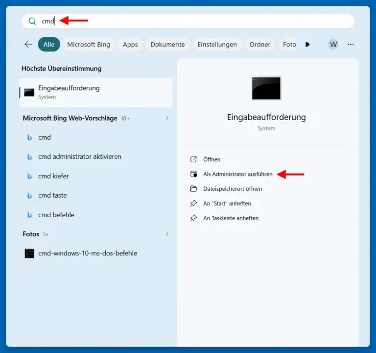 Eingabeaufforderung als Administrator öffnen über die Windows Suche.