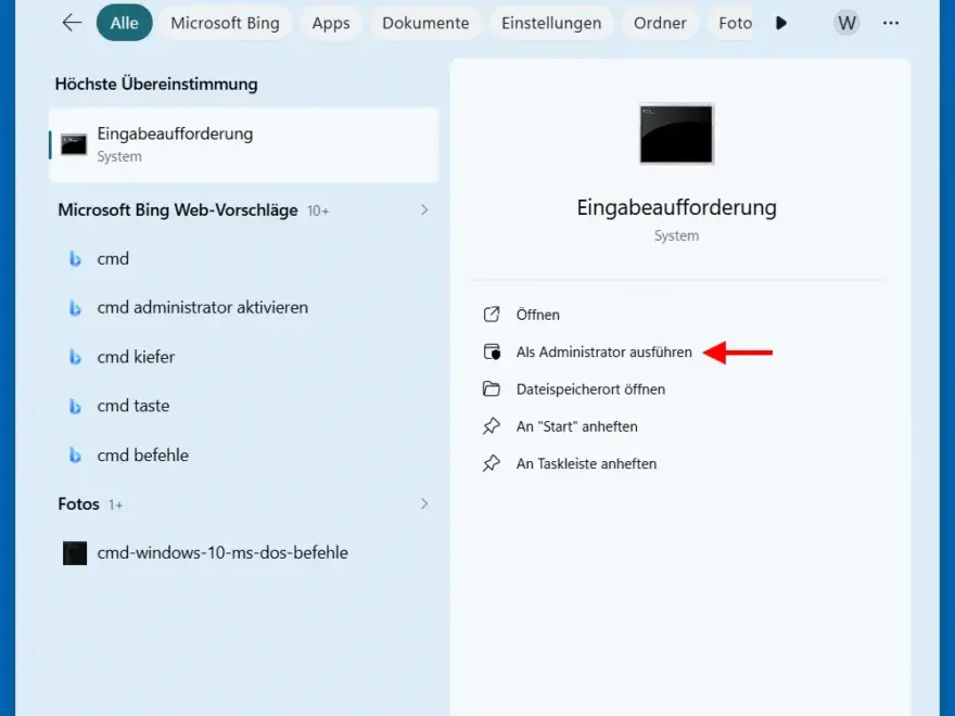 Eingabeaufforderung als Administrator öffnen über die Windows Suche.