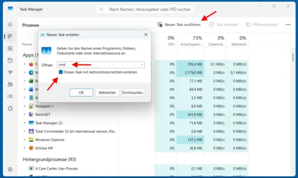 Eingabeaufforderung als Administrator öffnen über den Windows Task-Manager.