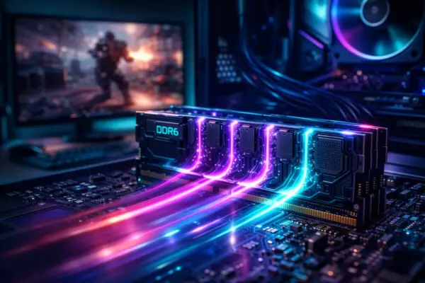 Leuchtende DDR6 RAM Riegel in einem Gaming-PC mit einem unscharfen Spiel im Hintergrund zur Veranschaulichung der Geschwindigkeit.