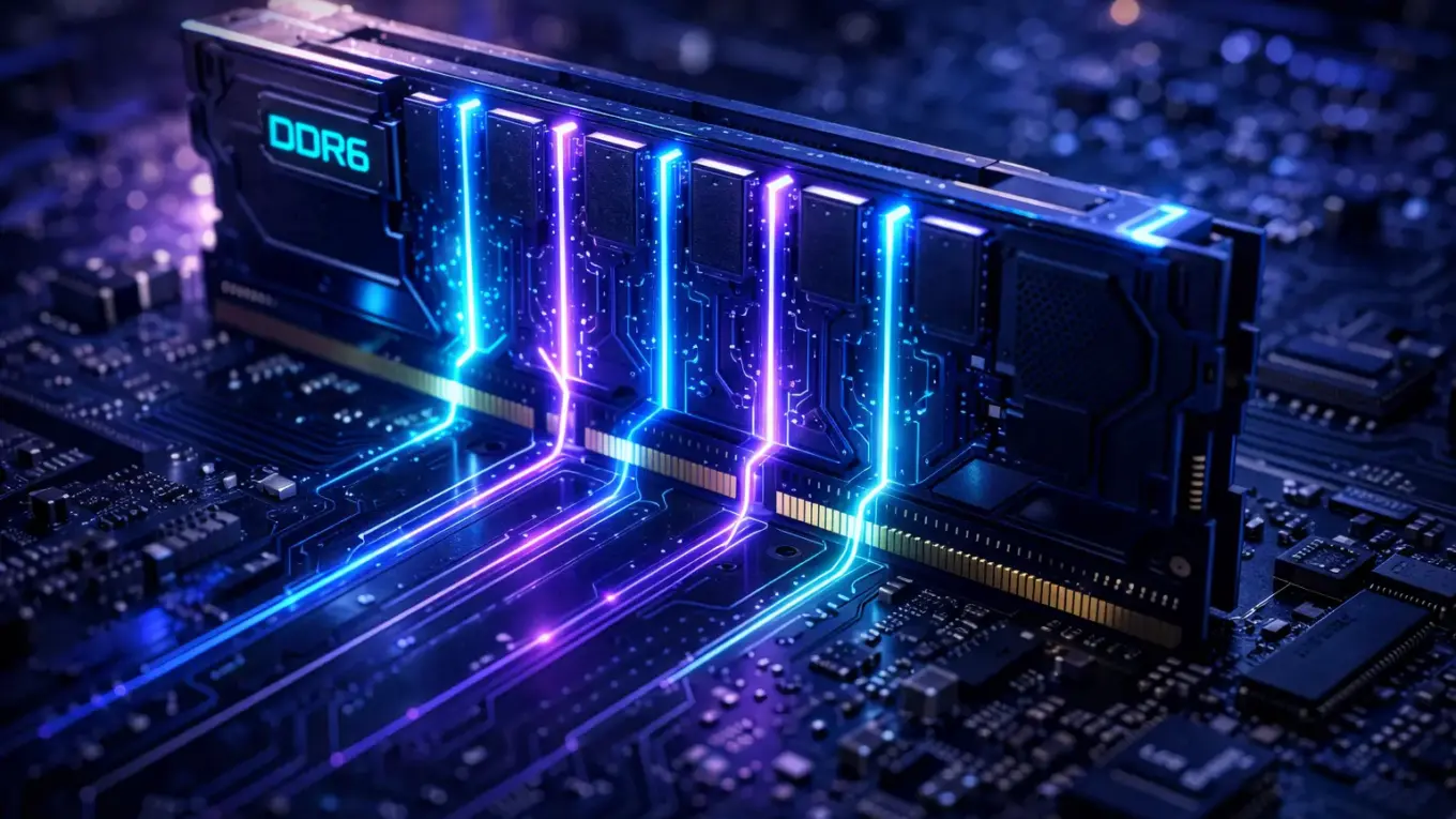 Nahaufnahme eines futuristischen DDR6 RAM Moduls mit visualisierten Datenströmen für maximale Geschwindigkeit.