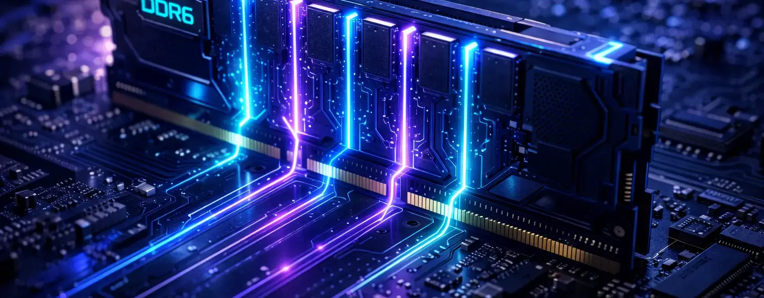 Nahaufnahme eines futuristischen DDR6 RAM Moduls mit visualisierten Datenströmen für maximale Geschwindigkeit.