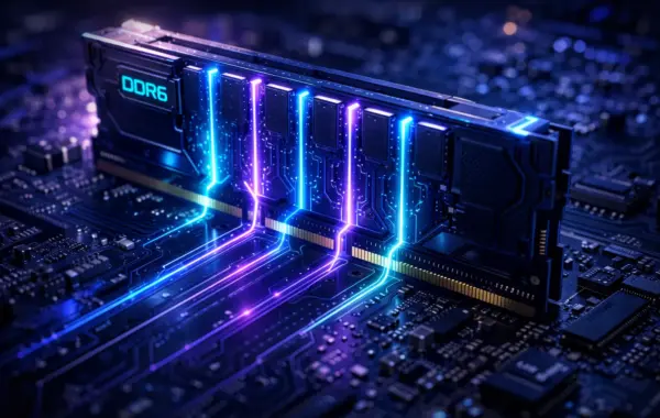 Nahaufnahme eines futuristischen DDR6 RAM Moduls mit visualisierten Datenströmen für maximale Geschwindigkeit.