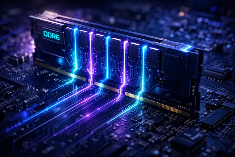 Nahaufnahme eines futuristischen DDR6 RAM Moduls mit visualisierten Datenströmen für maximale Geschwindigkeit.