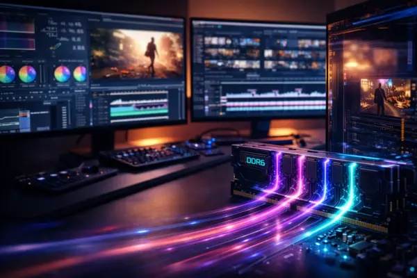 Ein professioneller Videoschnitt-Arbeitsplatz mit DDR6 RAM Modul, das schnelle Videobearbeitung und Rendering symbolisiert.