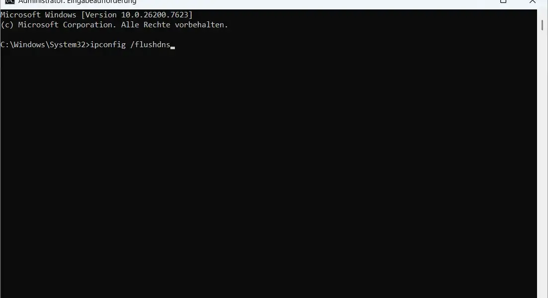 Windows Eingabeaufforderung mit dem Befehl ipconfig /flushdns zum DNS Cache löschen.