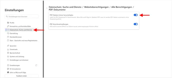 PDF-Viewer in Microsoft Edge deaktivieren. Microsoft Edge Einstellungen anpassen, um PDF-Dateien immer herunterzuladen statt im Browser zu öffnen.