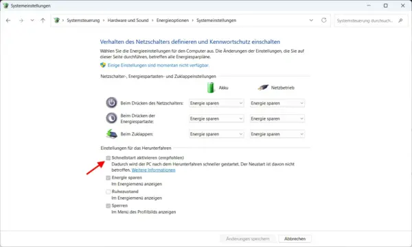 Windows-Energieoptionen mit aktivem Schnellstart beim Herunterfahren