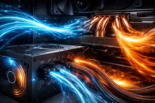 Nahaufnahme eines PC-Netzteils und einer Grafikkarten-Kühlung zur Darstellung der Hardware-Anforderungen