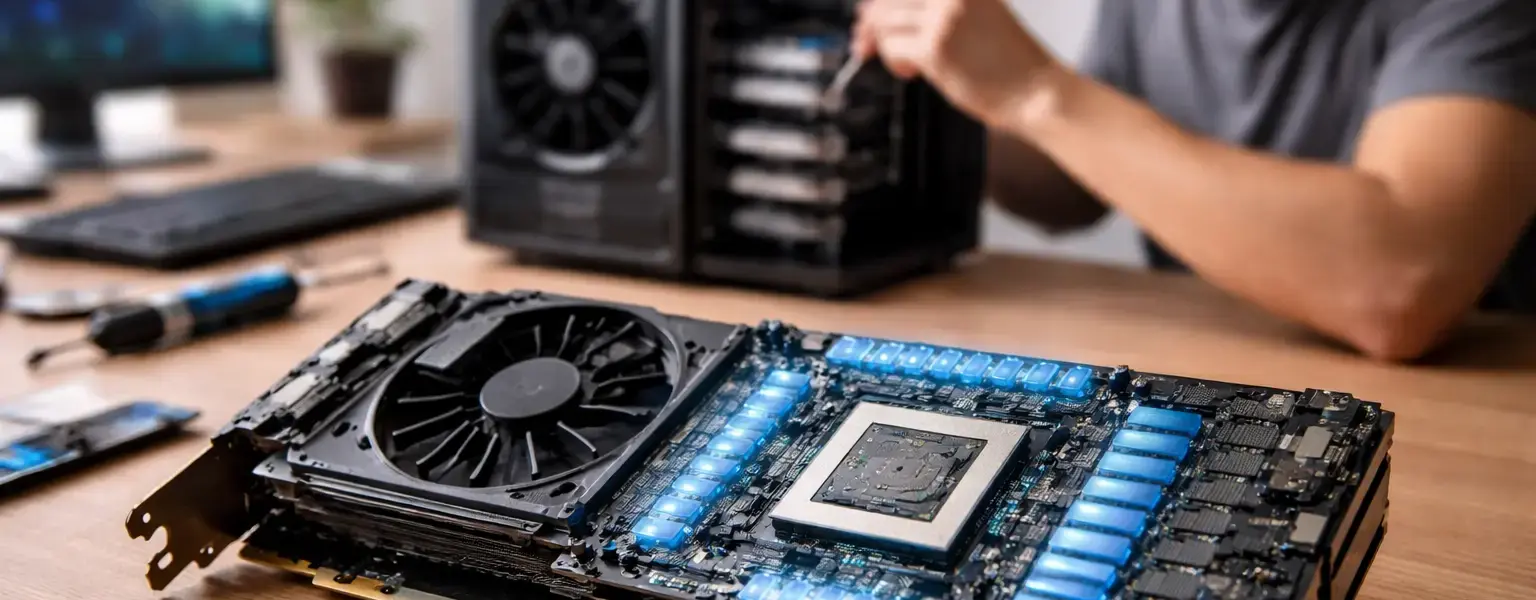 Grafikkarte mit freigelegter GPU und Videospeicher (VRAM) auf einer Platine