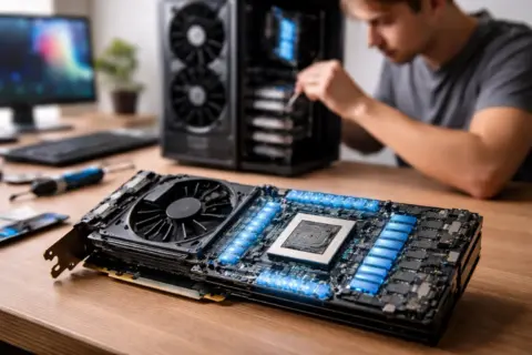 Grafikkarte mit freigelegter GPU und Videospeicher (VRAM) auf einer Platine