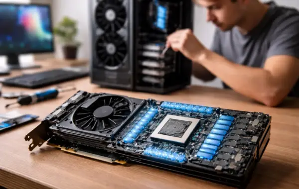 Grafikkarte mit freigelegter GPU und Videospeicher (VRAM) auf einer Platine