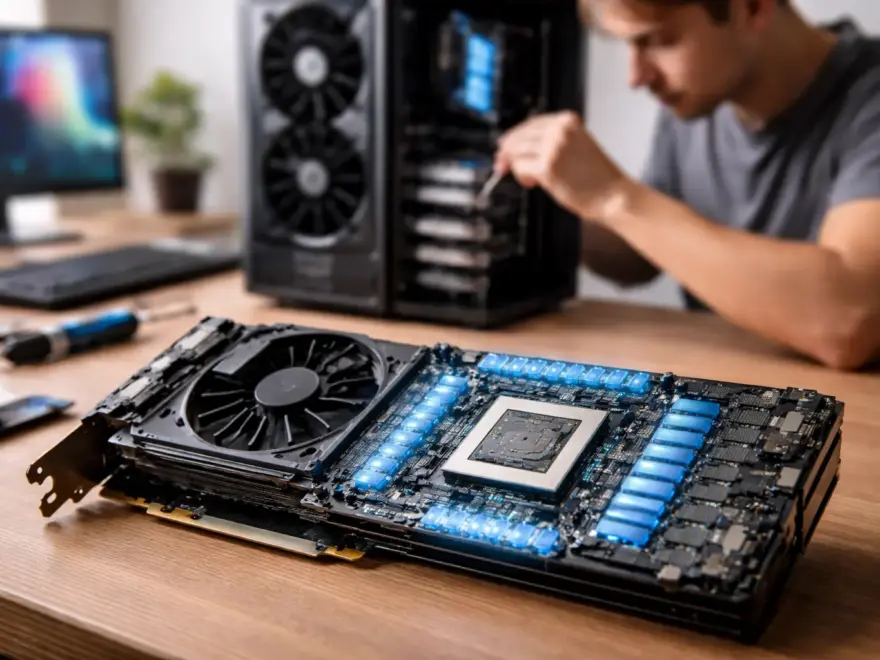 Grafikkarte mit freigelegter GPU und Videospeicher (VRAM) auf einer Platine