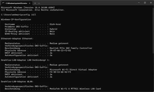 Netzwerk-Details auslesen mit dem CMD-Befehl ipconfig /all unter Windows.