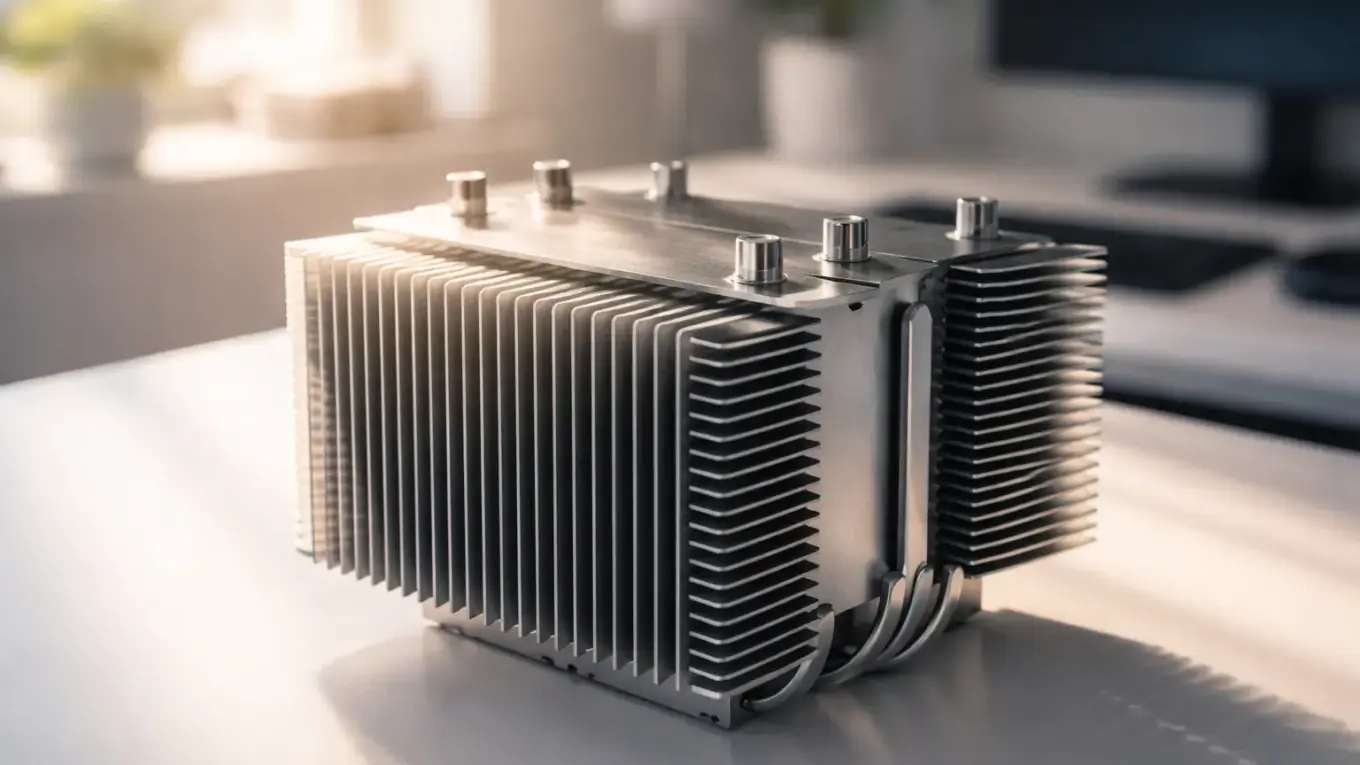 Nahaufnahme eines lüfterlosen CPU-Kühlkörpers aus Aluminium für einen lautlosen PC