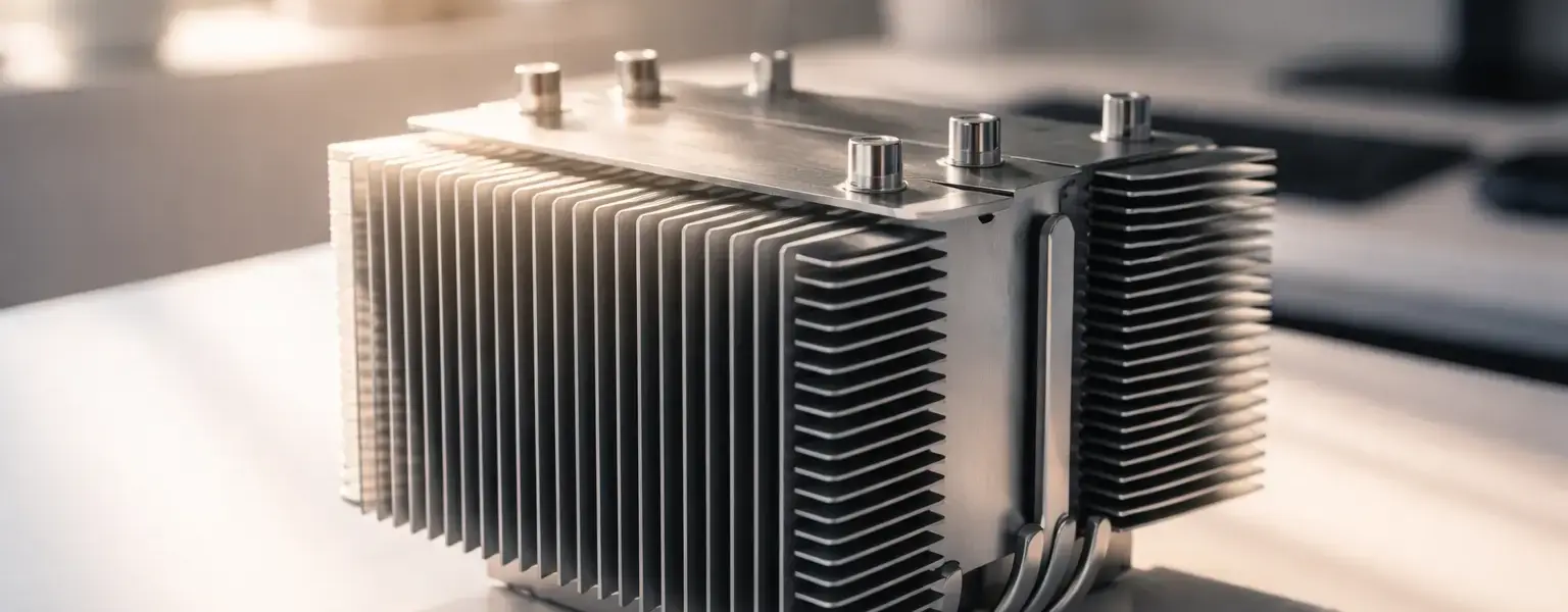 Nahaufnahme eines lüfterlosen CPU-Kühlkörpers aus Aluminium für einen lautlosen PC