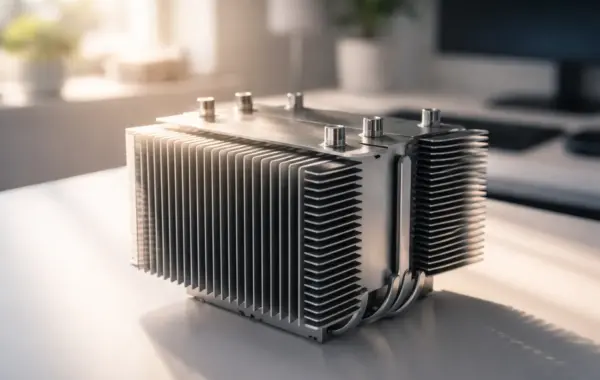 Nahaufnahme eines lüfterlosen CPU-Kühlkörpers aus Aluminium für einen lautlosen PC