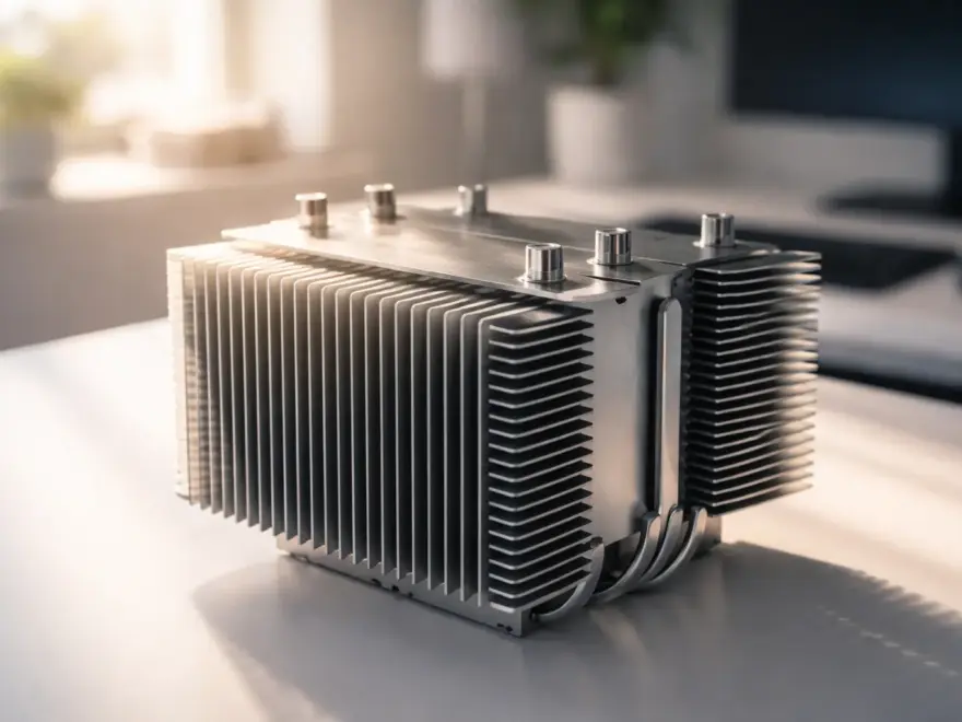 Nahaufnahme eines lüfterlosen CPU-Kühlkörpers aus Aluminium für einen lautlosen PC