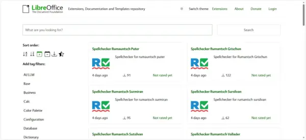 Die offizielle Webseite für LibreOffice Add-ons und Erweiterungen der Document Foundation.