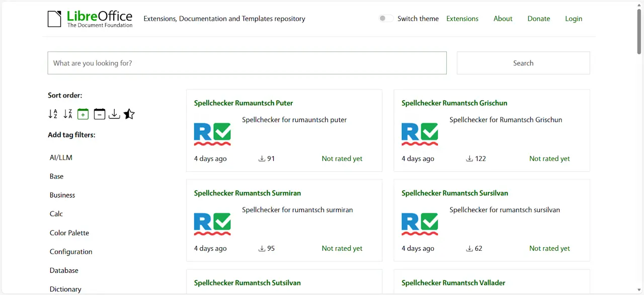Die offizielle Webseite für LibreOffice Add-ons und Erweiterungen der Document Foundation.
