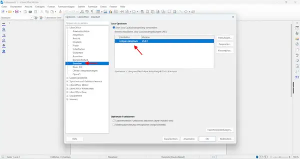 LibreOffice Einstellungen für die Java Laufzeitumgebung mit aktivierter Eclipse Adoptium JRE.