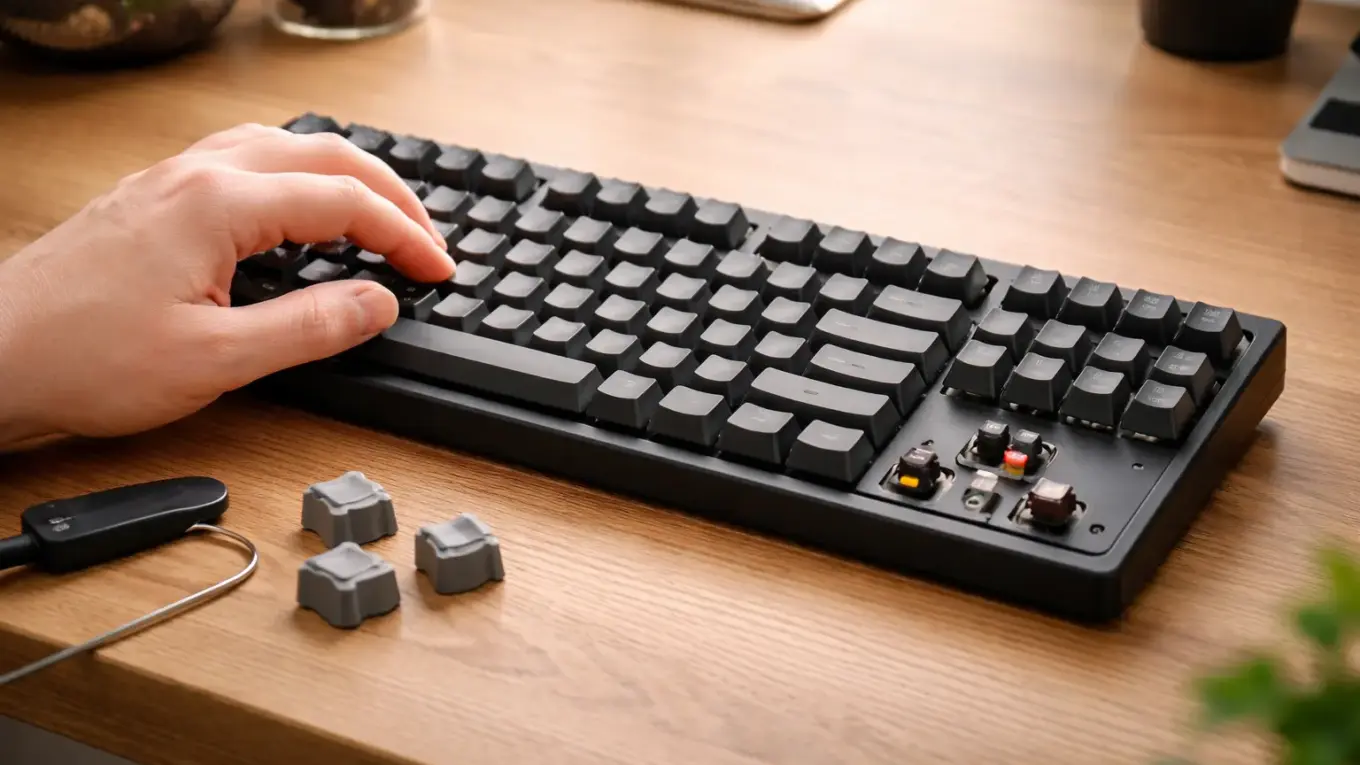 Mechanische Tastatur mit sichtbaren Keycaps auf einem Schreibtisch