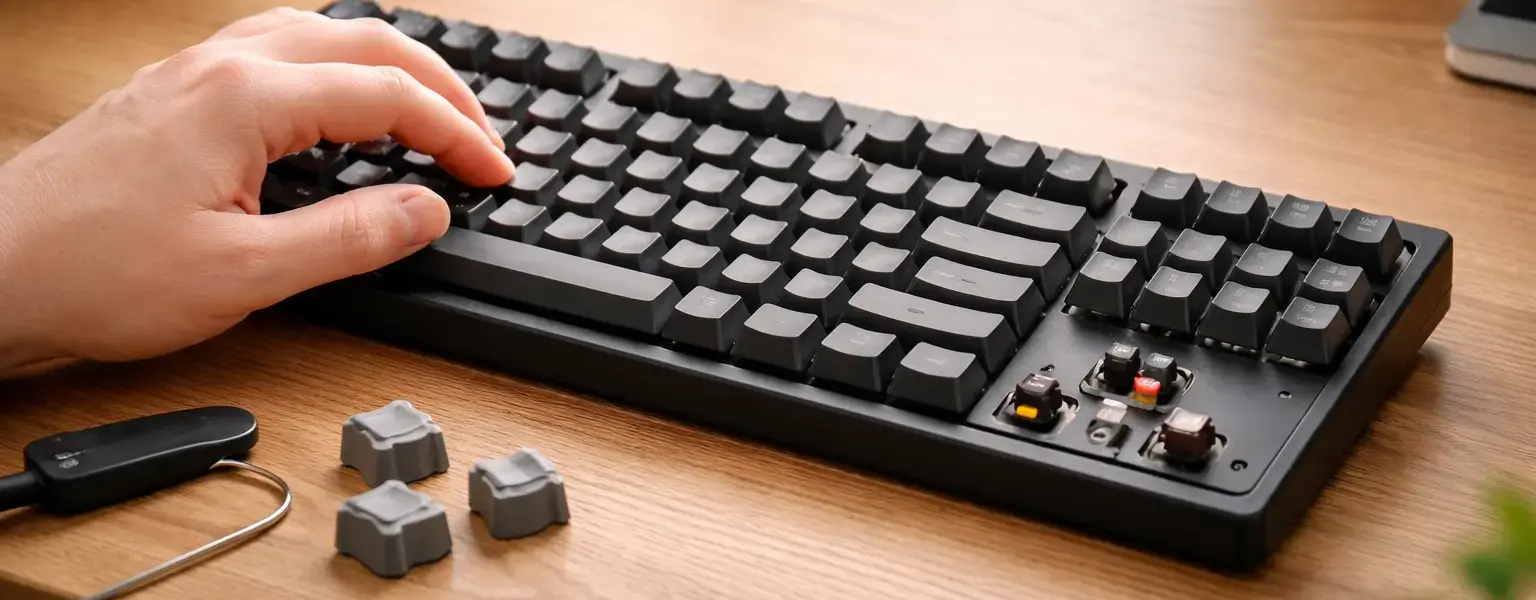 Mechanische Tastatur mit sichtbaren Keycaps auf einem Schreibtisch