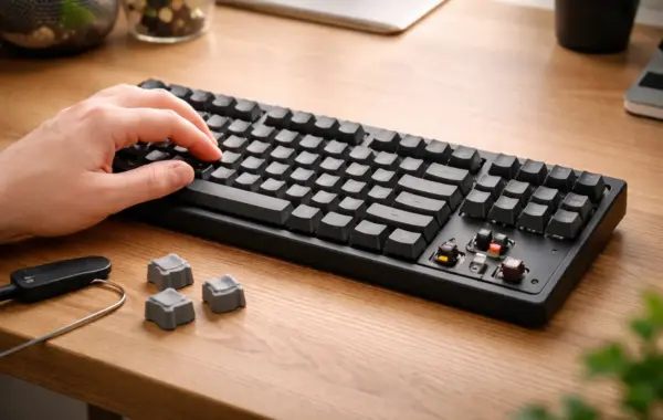 Mechanische Tastatur mit sichtbaren Keycaps auf einem Schreibtisch