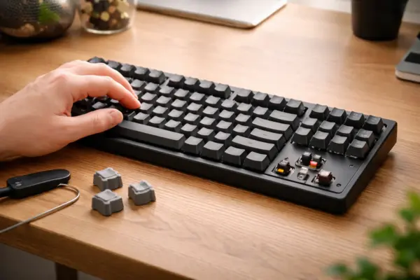 Mechanische Tastatur mit sichtbaren Keycaps auf einem Schreibtisch