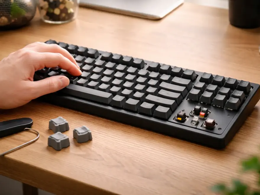 Mechanische Tastatur mit sichtbaren Keycaps auf einem Schreibtisch