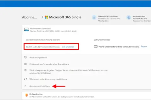 Screenshot der Microsoft-Konto-Verwaltung zum Kündigen des Microsoft 365 Single Abos.